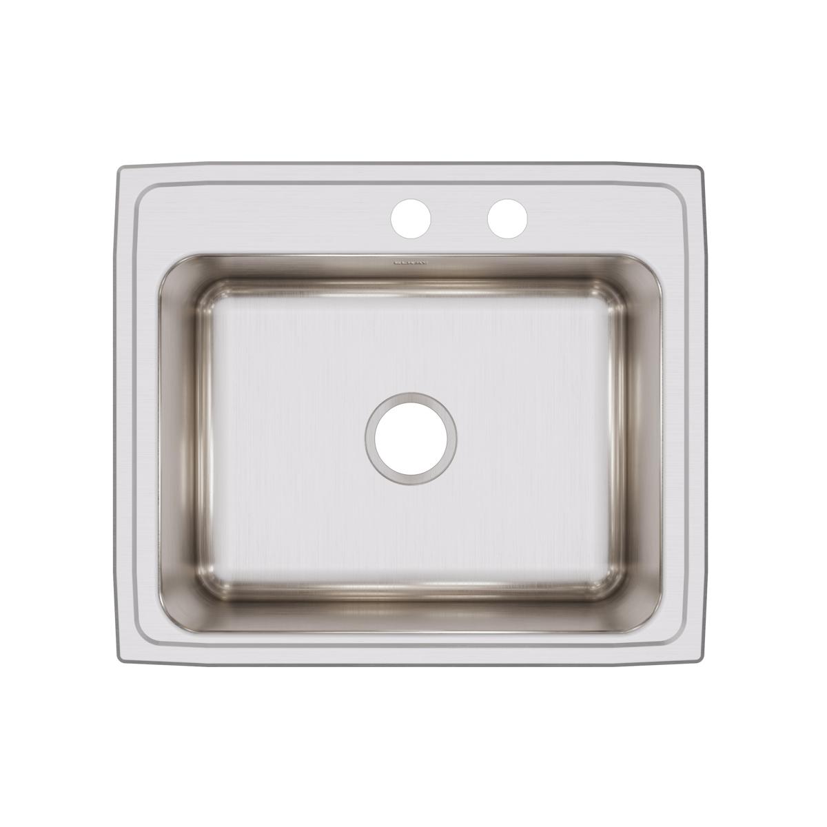 Stainless steel drop-in sink with single bowl, two faucet holes on rim, and brushed finish viewed from above.