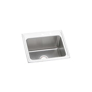 Stainless steel drop-in sink with single bowl, white rim, and two mounting holes on top edge.