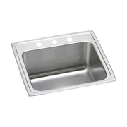 Stainless steel drop-in sink with single bowl, four mounting holes on rim, and drain assembly.
