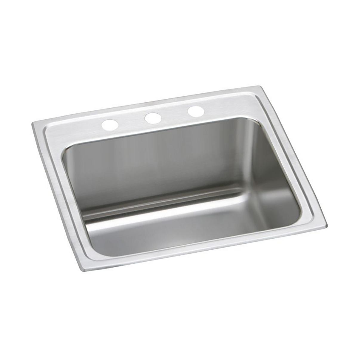 Stainless steel drop-in sink with single bowl, four mounting holes on rim, and drain assembly.