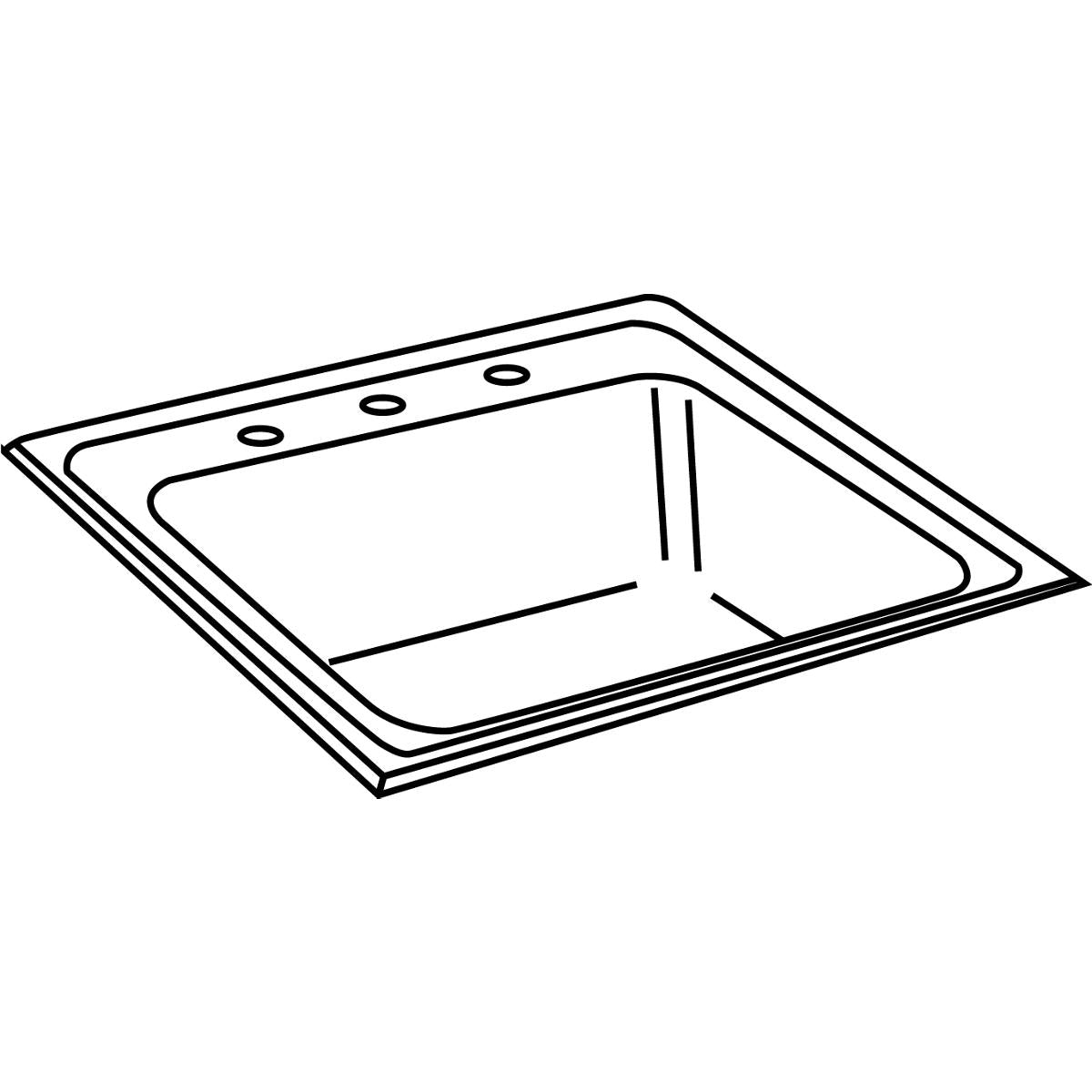 Stainless steel drop-in sink with single bowl, three holes along rim, and drain outlet visible.