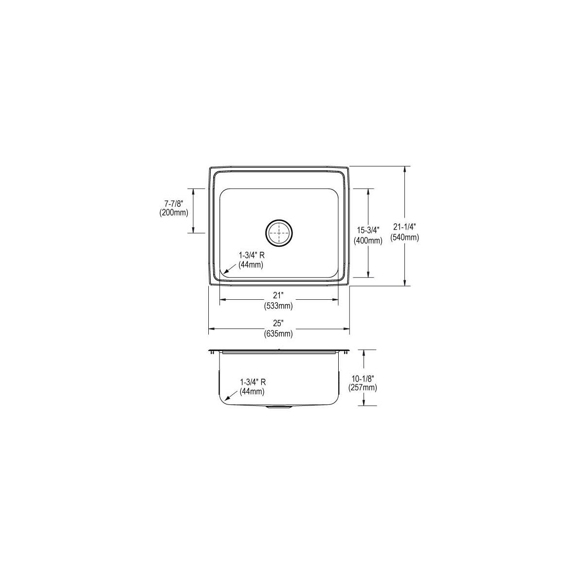 Stainless steel drop-in sink with single bowl, two faucet holes, and rounded corners shown in top and side technical views wi