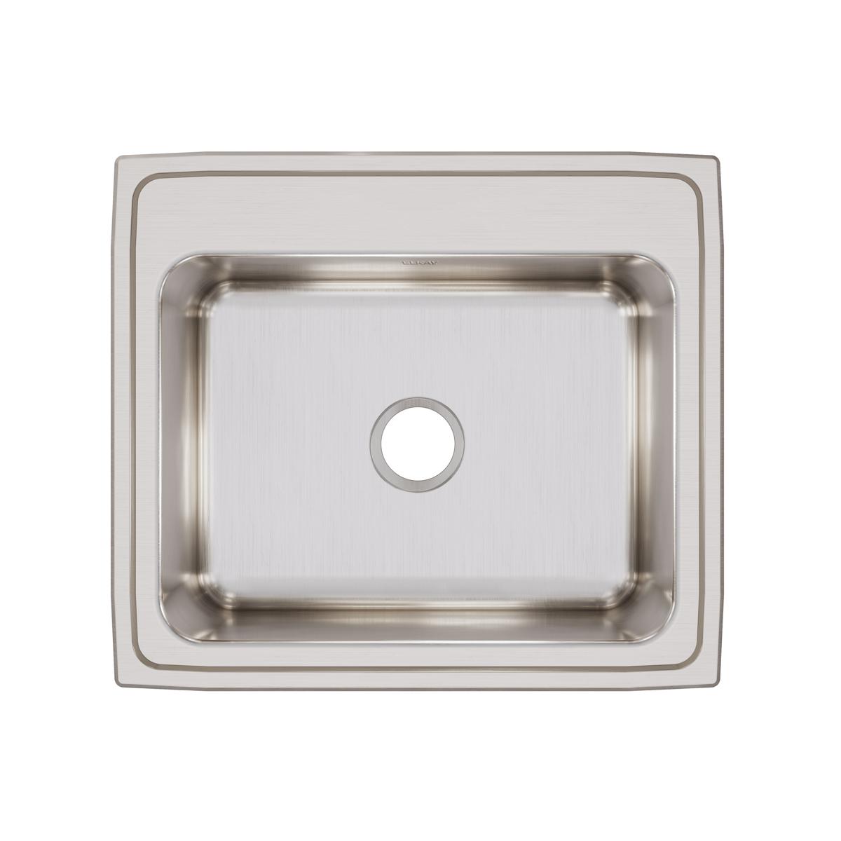 Stainless steel drop-in sink with single bowl and brushed finish, viewed from above.