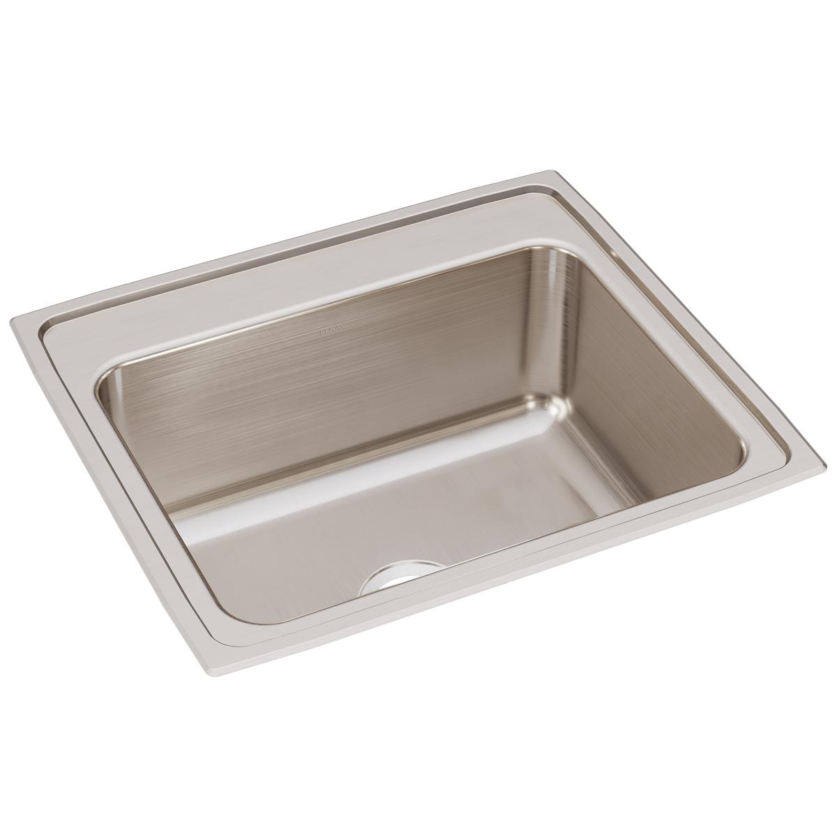 Stainless steel single bowl drop-in sink with brushed finish and rounded rim.
