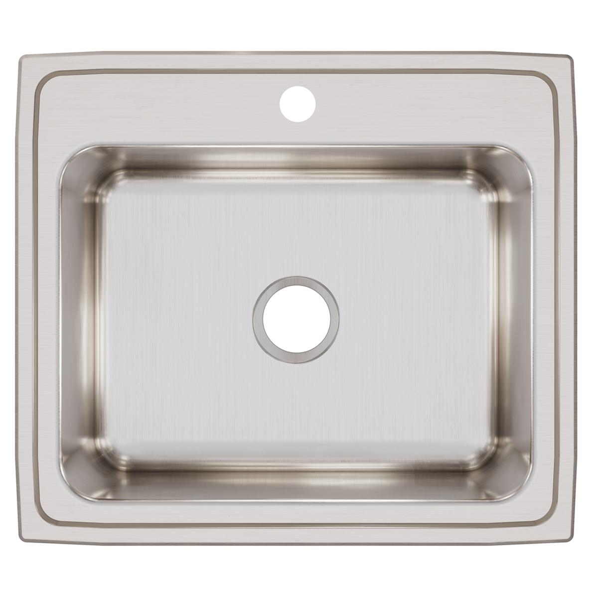 Stainless steel drop-in sink with single bowl, brushed finish, and one faucet hole visible from above.