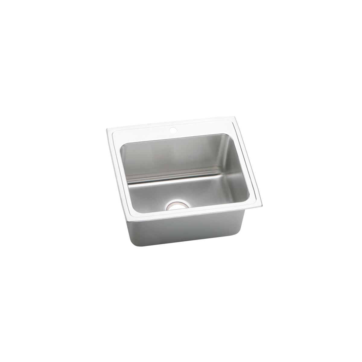 Stainless steel drop-in sink with single bowl, drain, and white rim on white background.