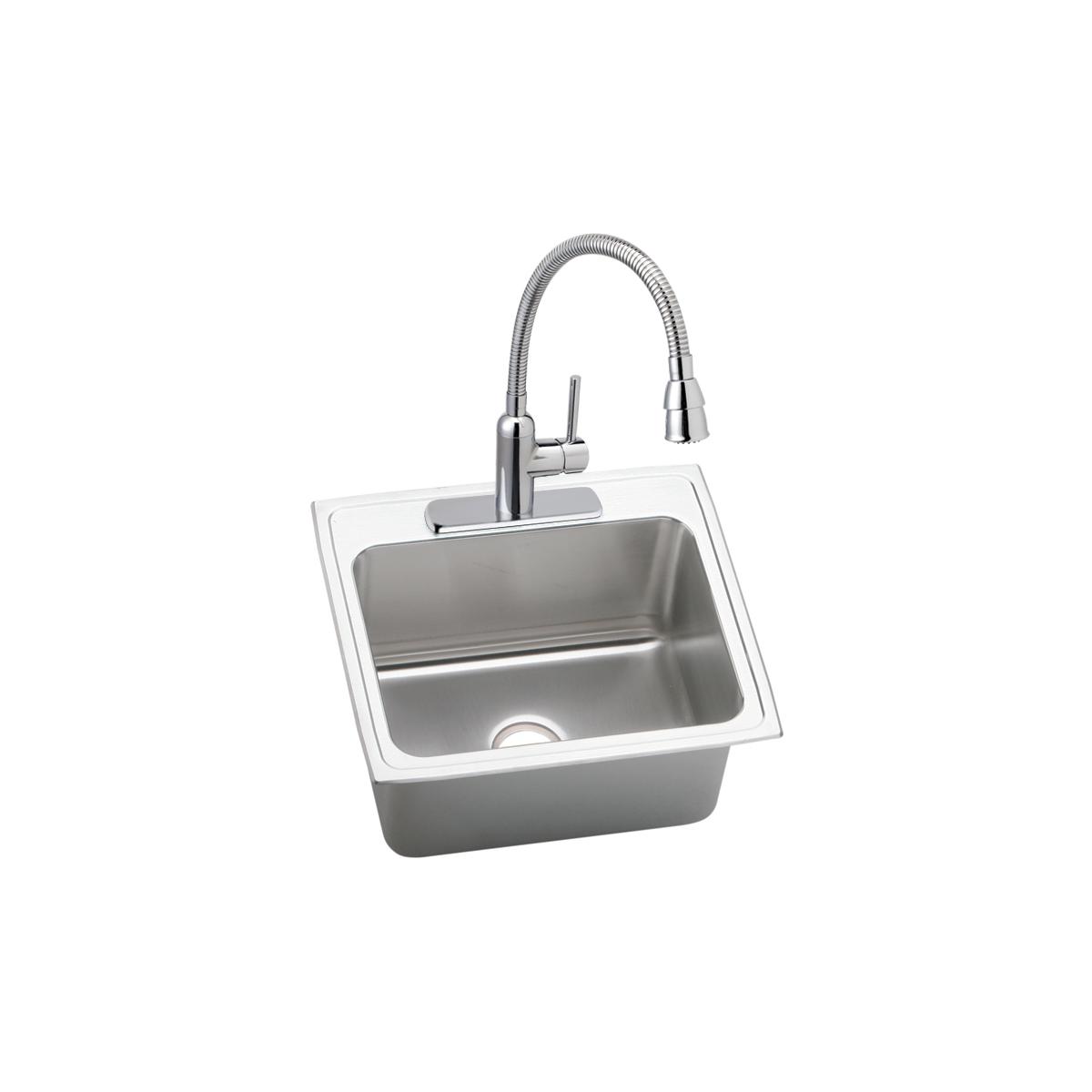 Stainless steel single bowl drop-in sink with chrome pull-down faucet and white rim.