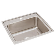 Stainless steel drop-in sink with single bowl, brushed finish, and one faucet hole on the rim.