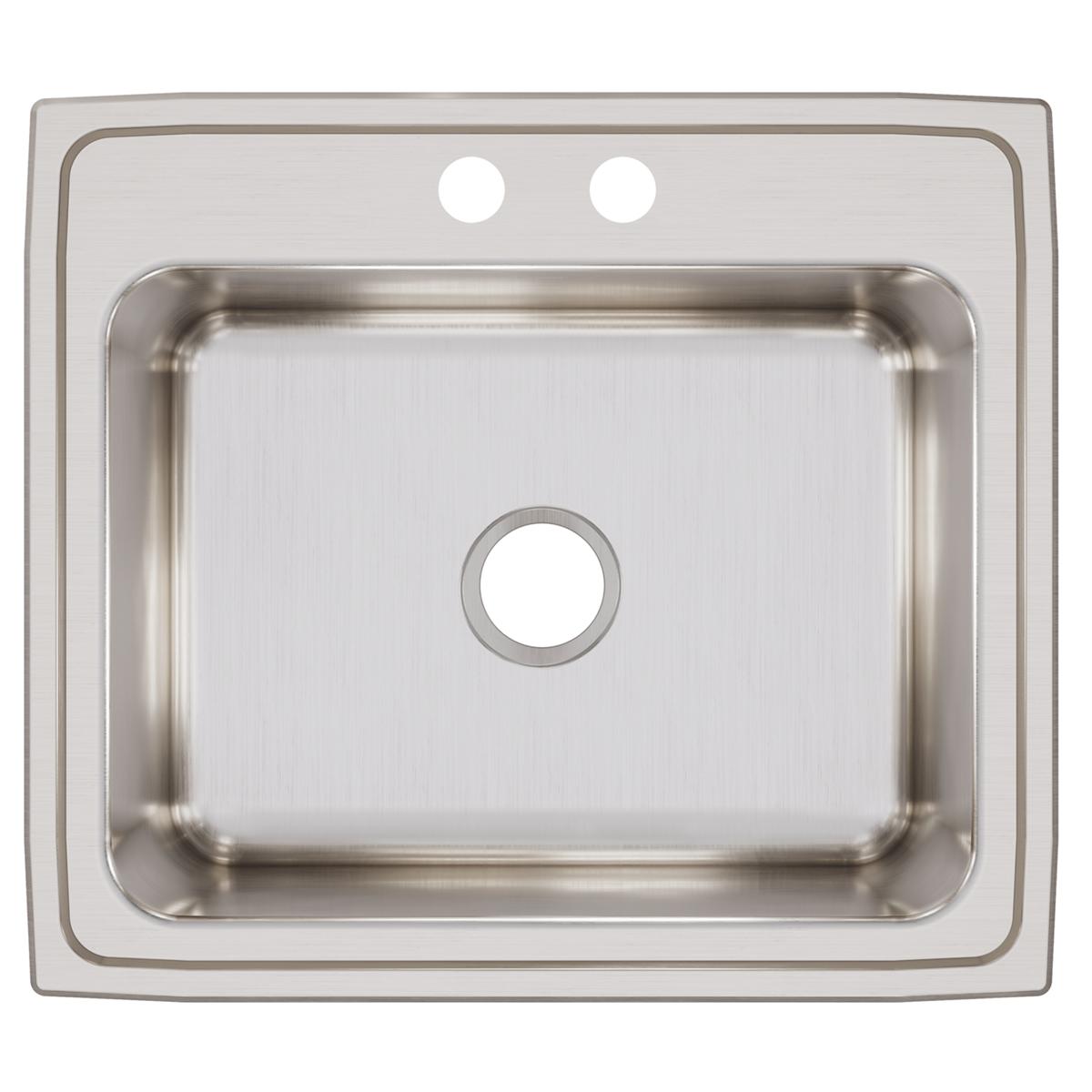 Stainless steel drop-in sink with single bowl, two pre-drilled holes, and brushed finish.