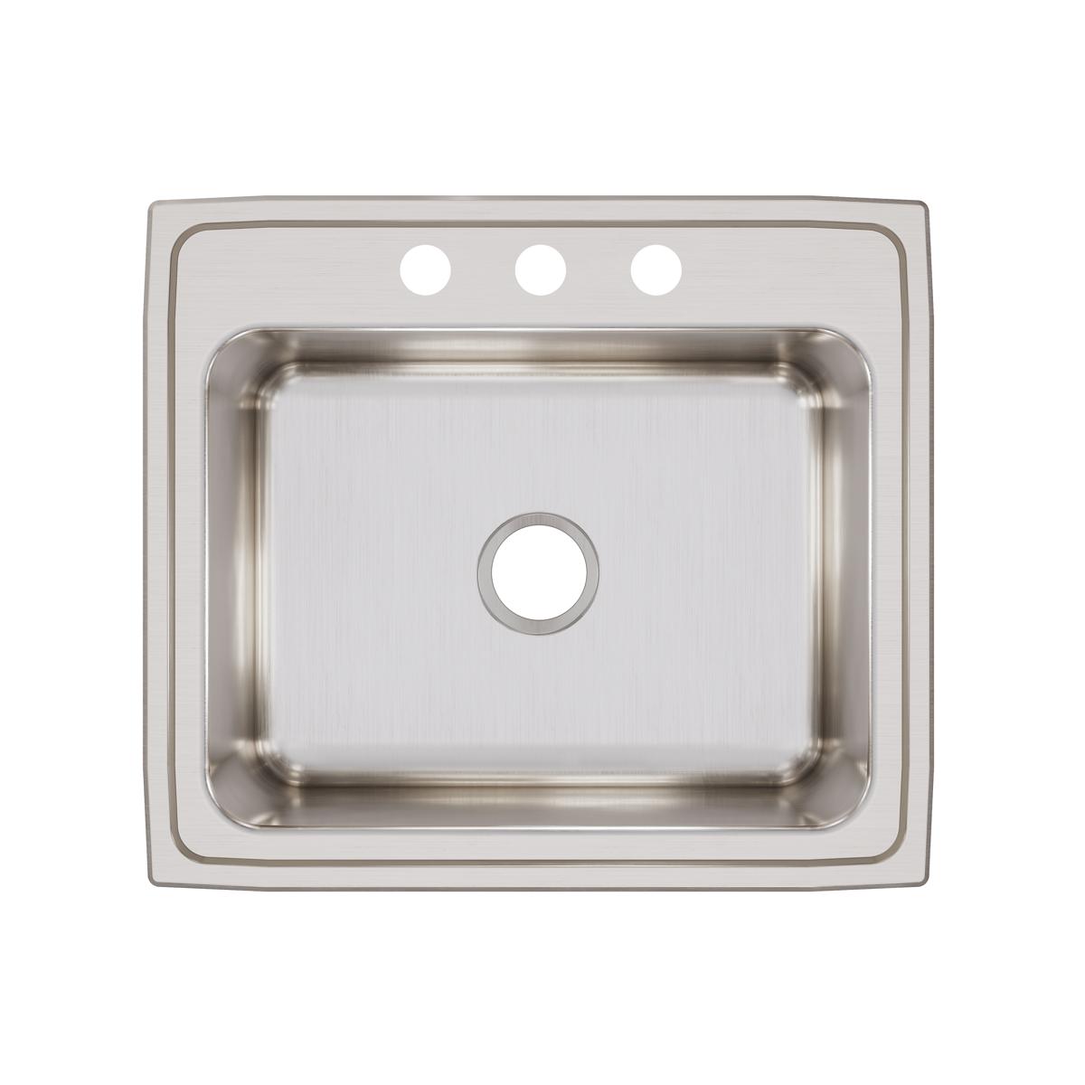 Stainless steel drop-in sink with single bowl, three pre-drilled holes, and brushed finish.