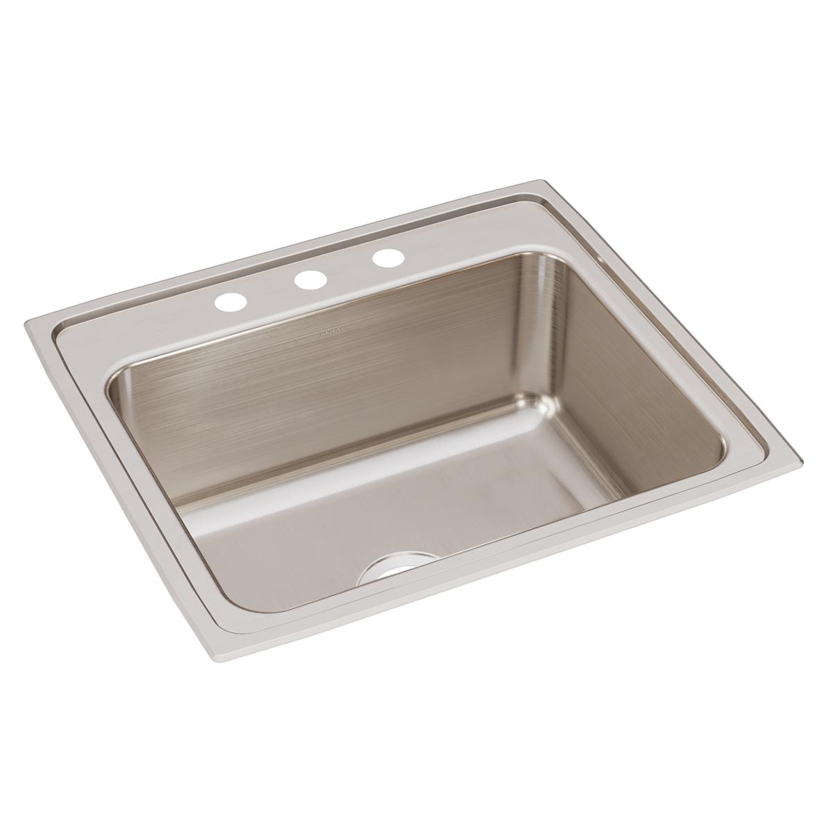 Stainless steel drop-in sink with single bowl and three holes for faucet mounting on the deck.