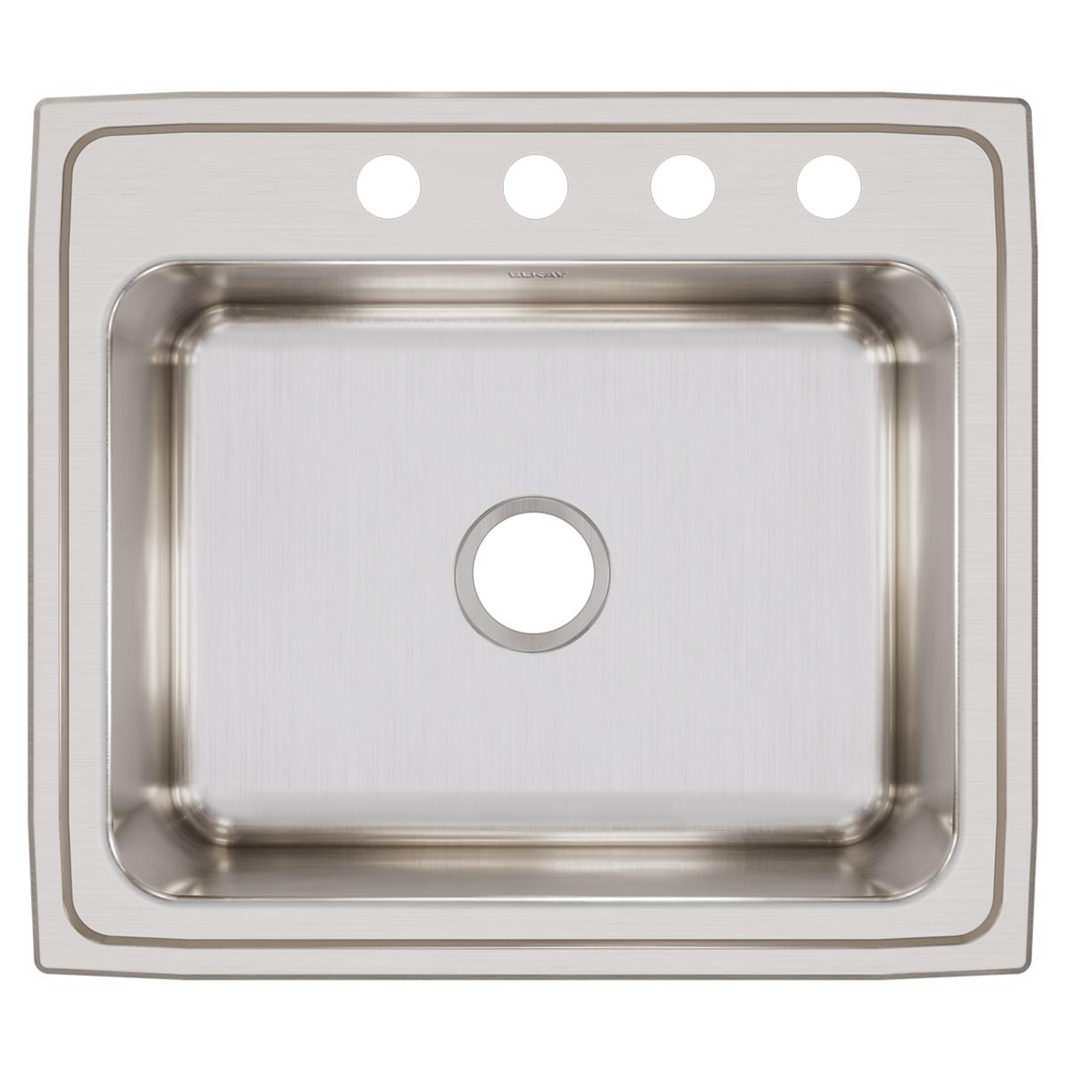 Stainless steel drop-in sink with single bowl and four mounting holes along top rim, viewed from above.