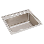 Brushed stainless steel single bowl drop-in sink with four faucet holes across the rim.