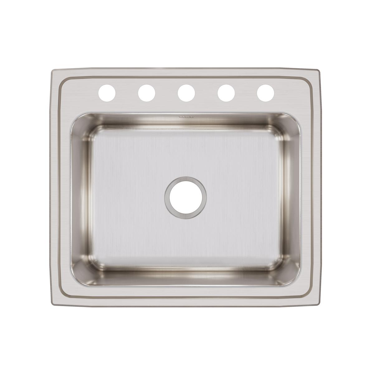 Stainless steel drop-in sink with single bowl and five holes across the rim for faucet installation.