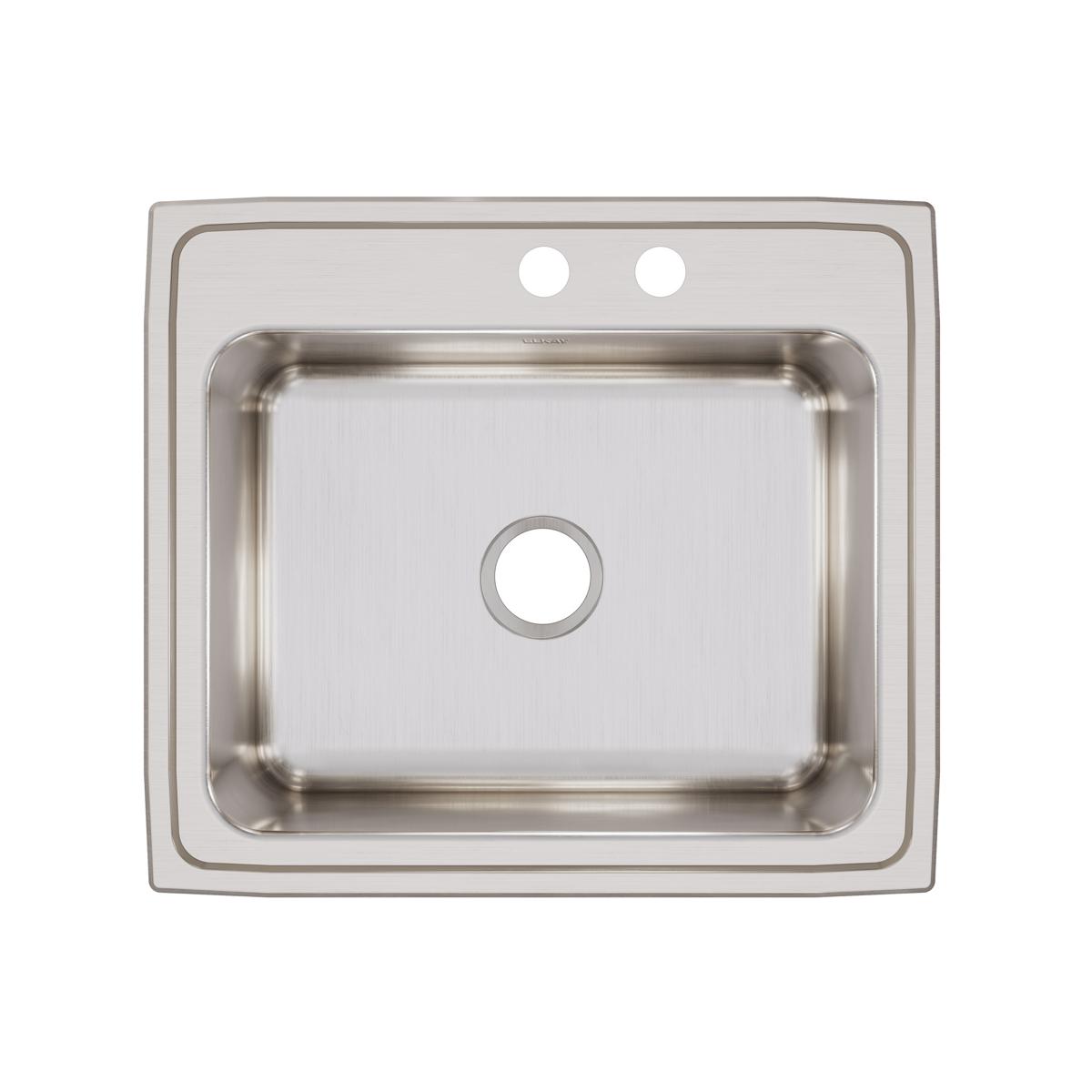 Stainless steel single bowl drop-in sink with two faucet holes and brushed satin finish.