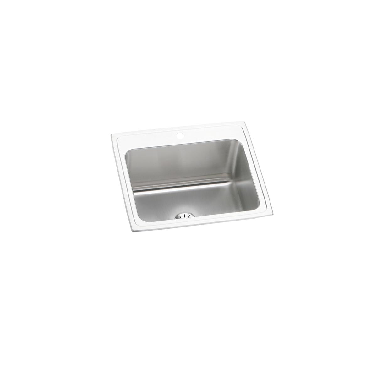 Stainless steel drop-in sink with single bowl, white rim, and drain hole visible at bottom.