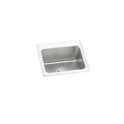 Stainless steel drop-in sink with single bowl, white rim, and drain hole visible at bottom.