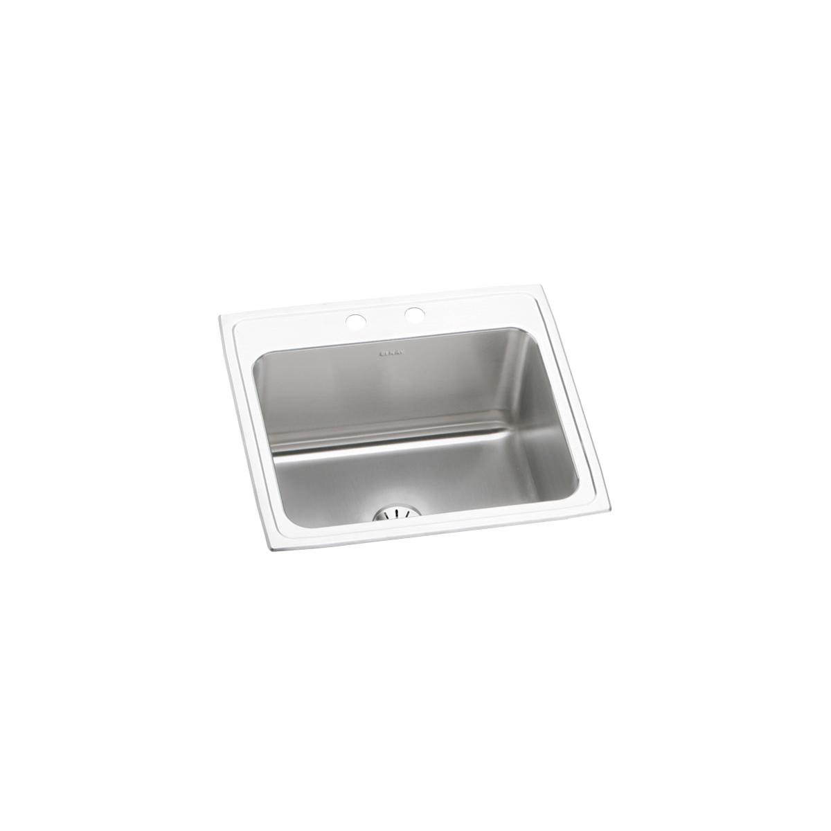 Stainless steel drop-in sink with single bowl, two faucet holes, and drain opening visible on white rim.