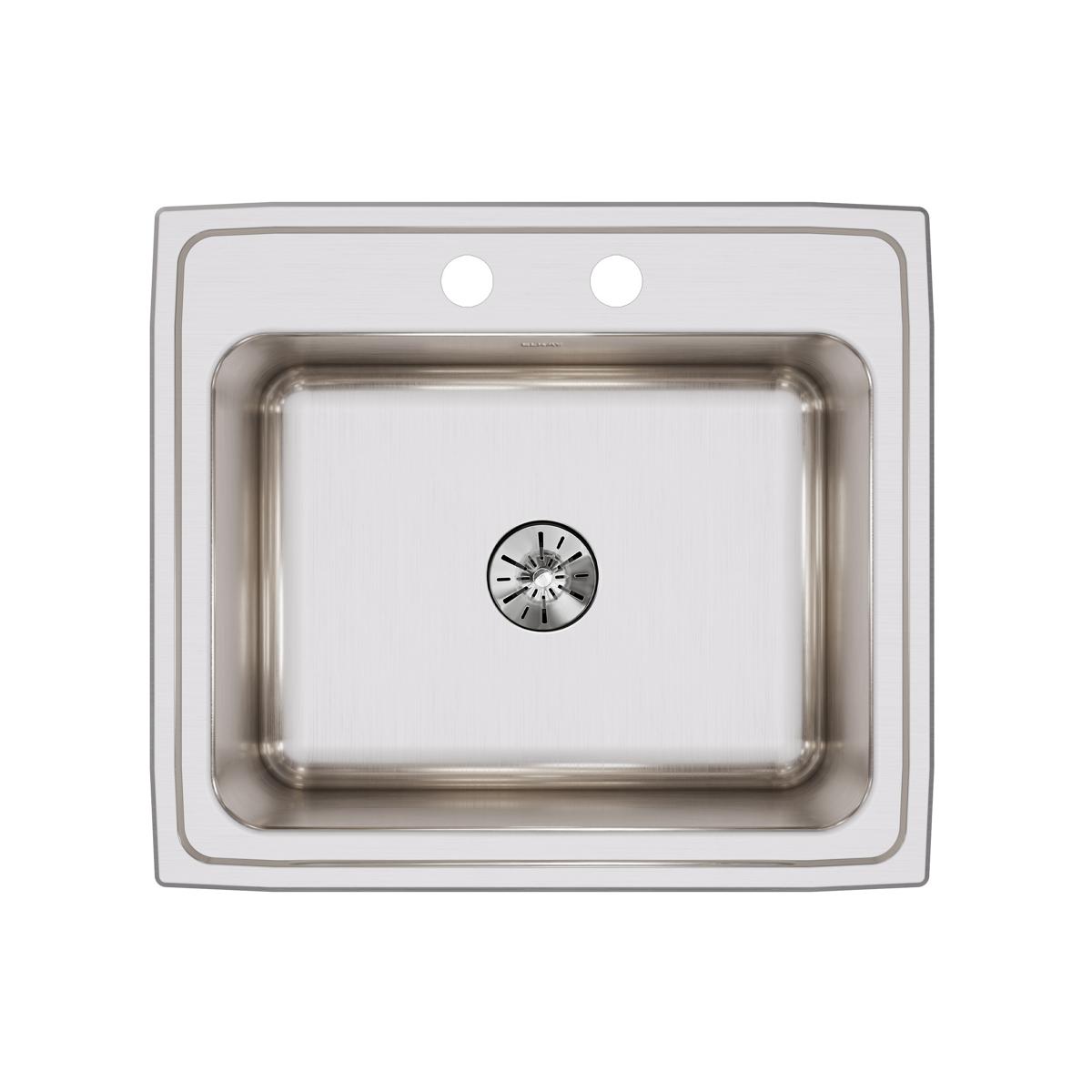Stainless steel drop-in sink with single bowl, two pre-drilled faucet holes, and center drain viewed from above.