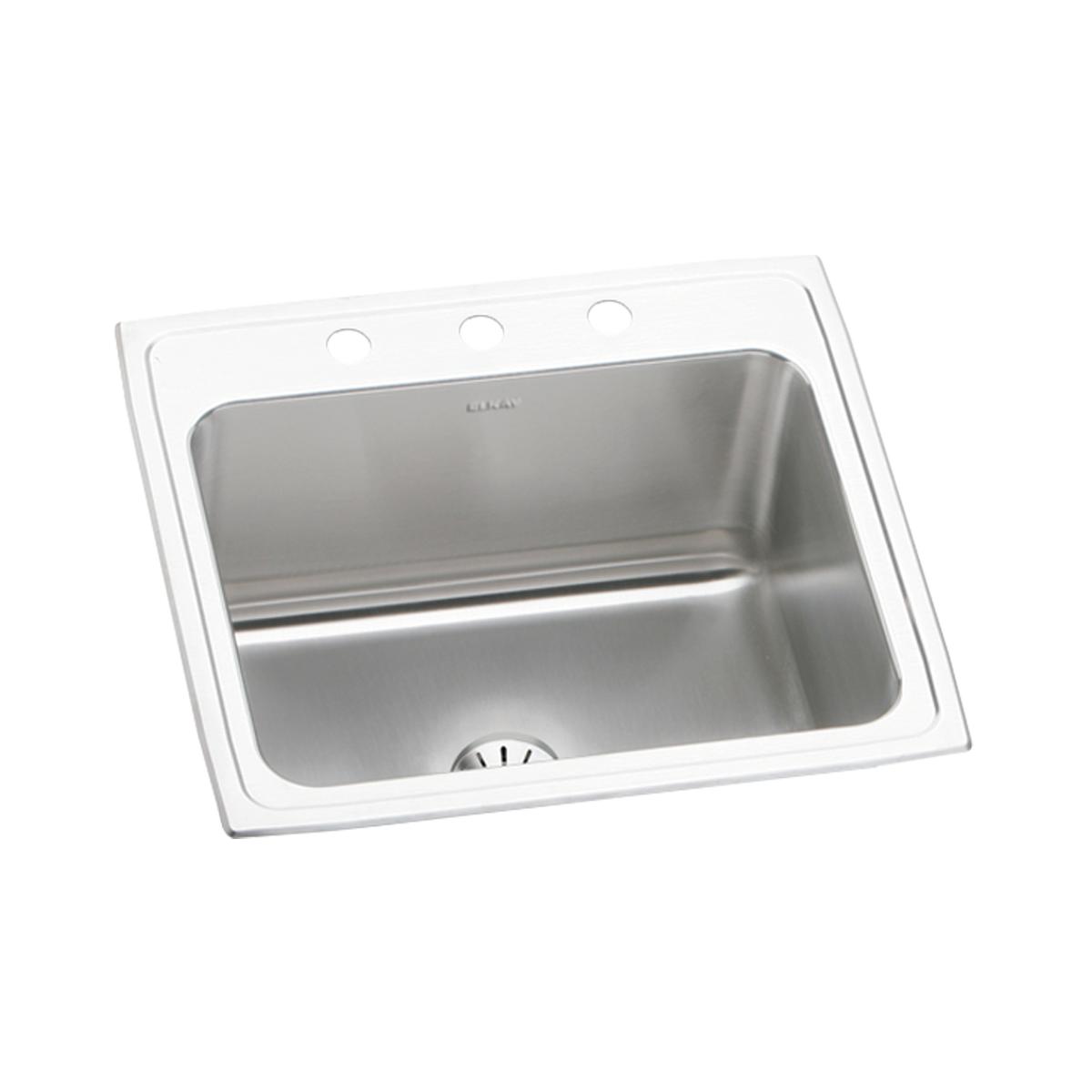 Stainless steel drop-in kitchen sink with single bowl, three mounting holes, and drain opening visible.
