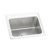 Stainless steel drop-in kitchen sink with single bowl, three mounting holes, and drain opening visible.