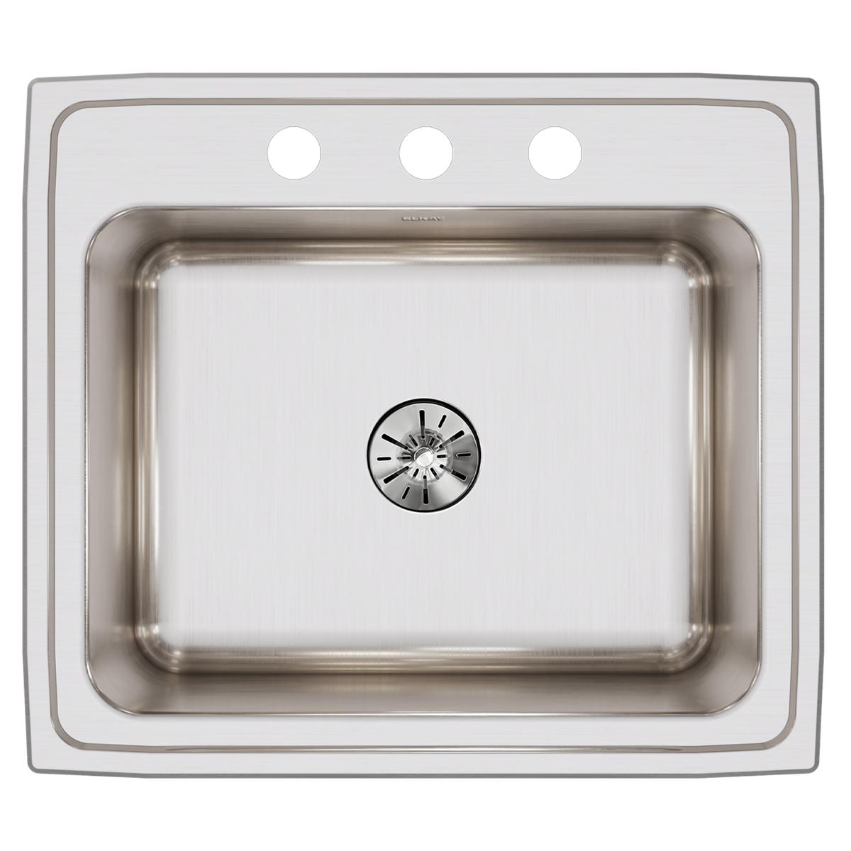 Stainless steel drop-in sink with single bowl, three mounting holes, and circular drain strainer visible in center.