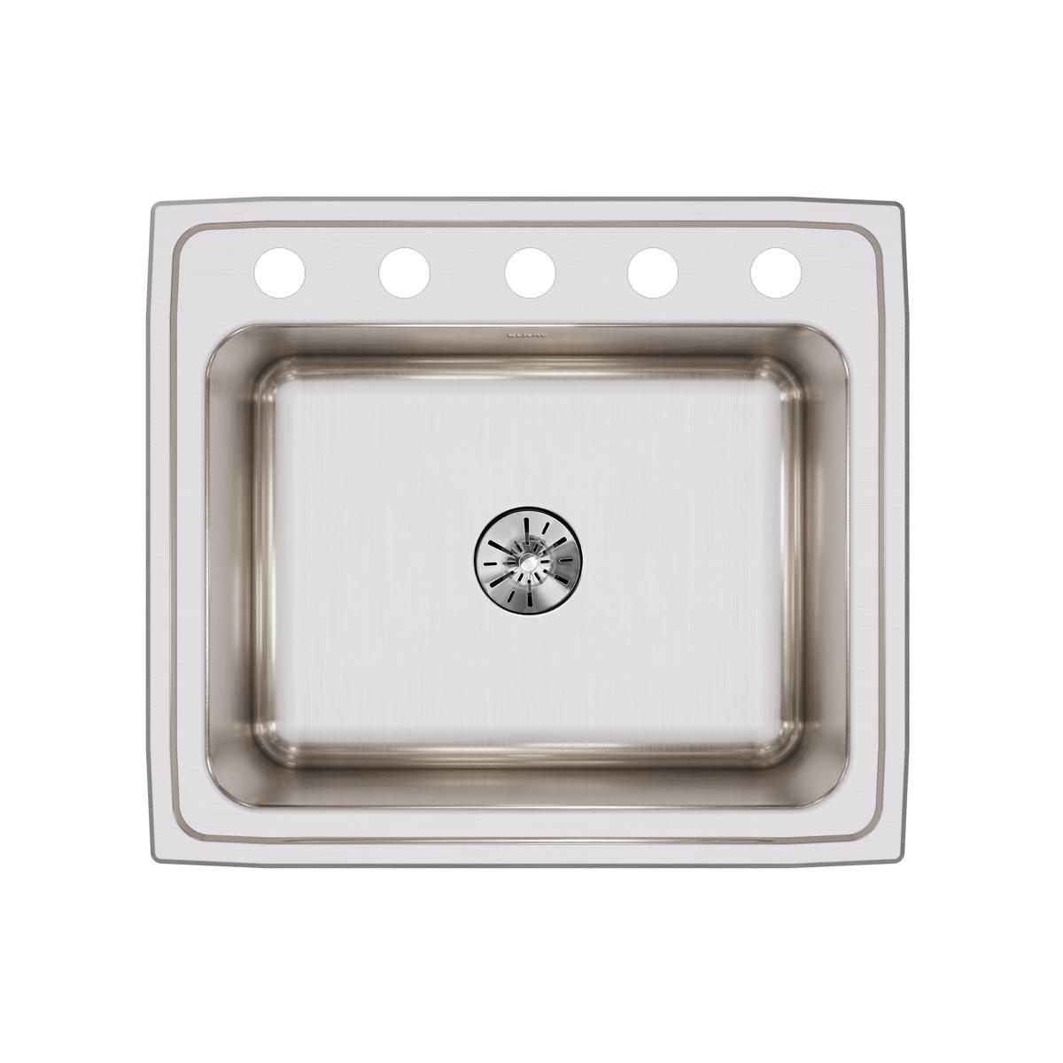 Stainless steel single bowl drop-in sink with five faucet holes and centered drain viewed from above.