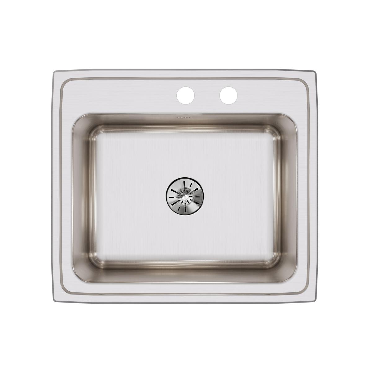 Stainless steel drop-in sink with single bowl, two faucet holes, and drain strainer, viewed from above.