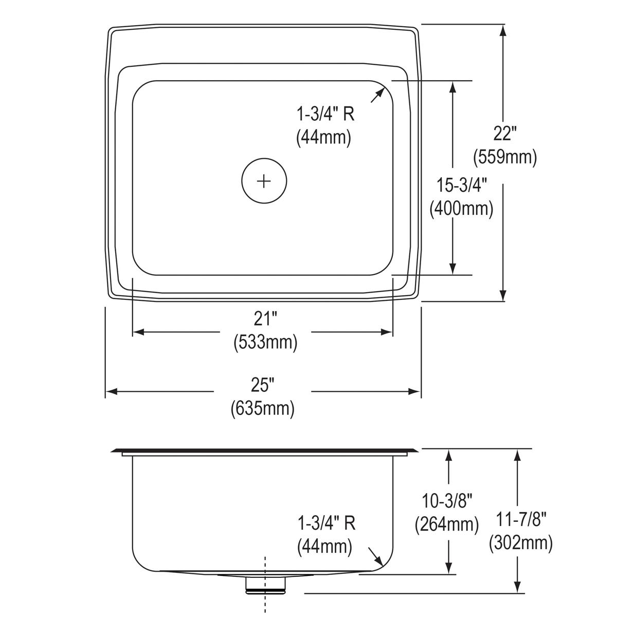 Stainless steel drop-in sink with single bowl, rounded corners, center drain hole, and top and side dimension measurements la