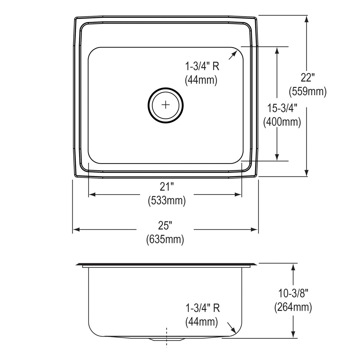 Stainless steel drop-in sink with single bowl and three pre-drilled holes, shown in top and side view with dimensions.