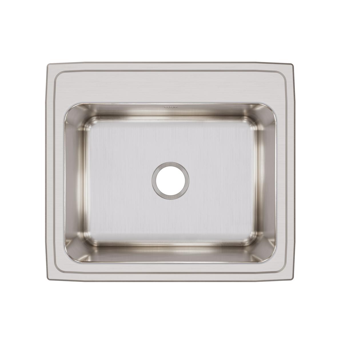 Stainless steel drop-in sink with single bowl and brushed finish, viewed from above.