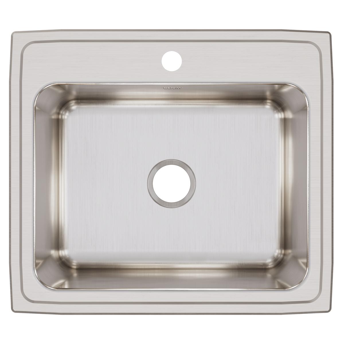 Stainless steel drop-in sink with single bowl, brushed finish, and one pre-drilled faucet hole.