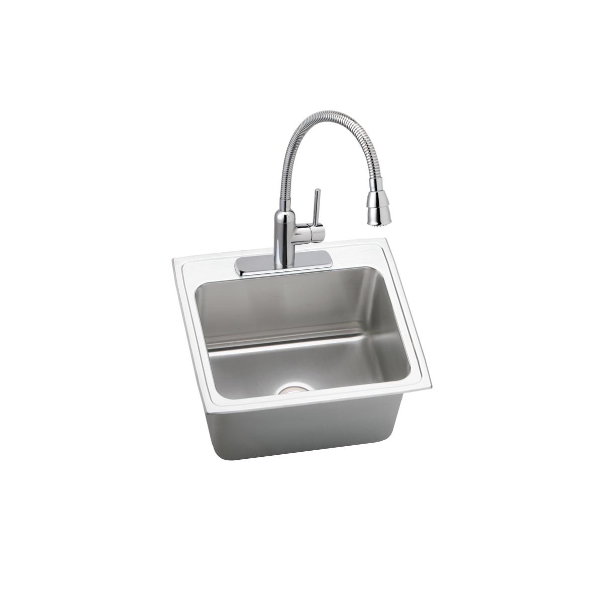 Stainless steel single bowl drop-in sink with pull-down spray faucet and chrome finish.