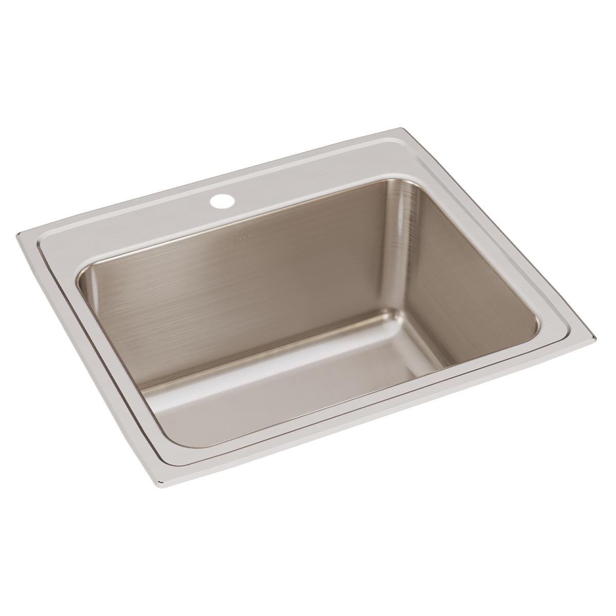 Stainless steel drop-in sink with single bowl, brushed finish, and one faucet hole on the rim.