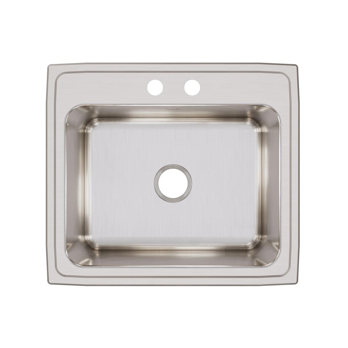 Stainless steel drop-in sink with single bowl, two pre-drilled holes, and brushed finish shown from above.