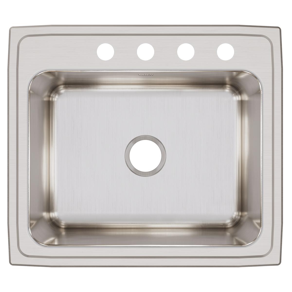Stainless steel drop-in sink with single bowl and four mounting holes along the rim.