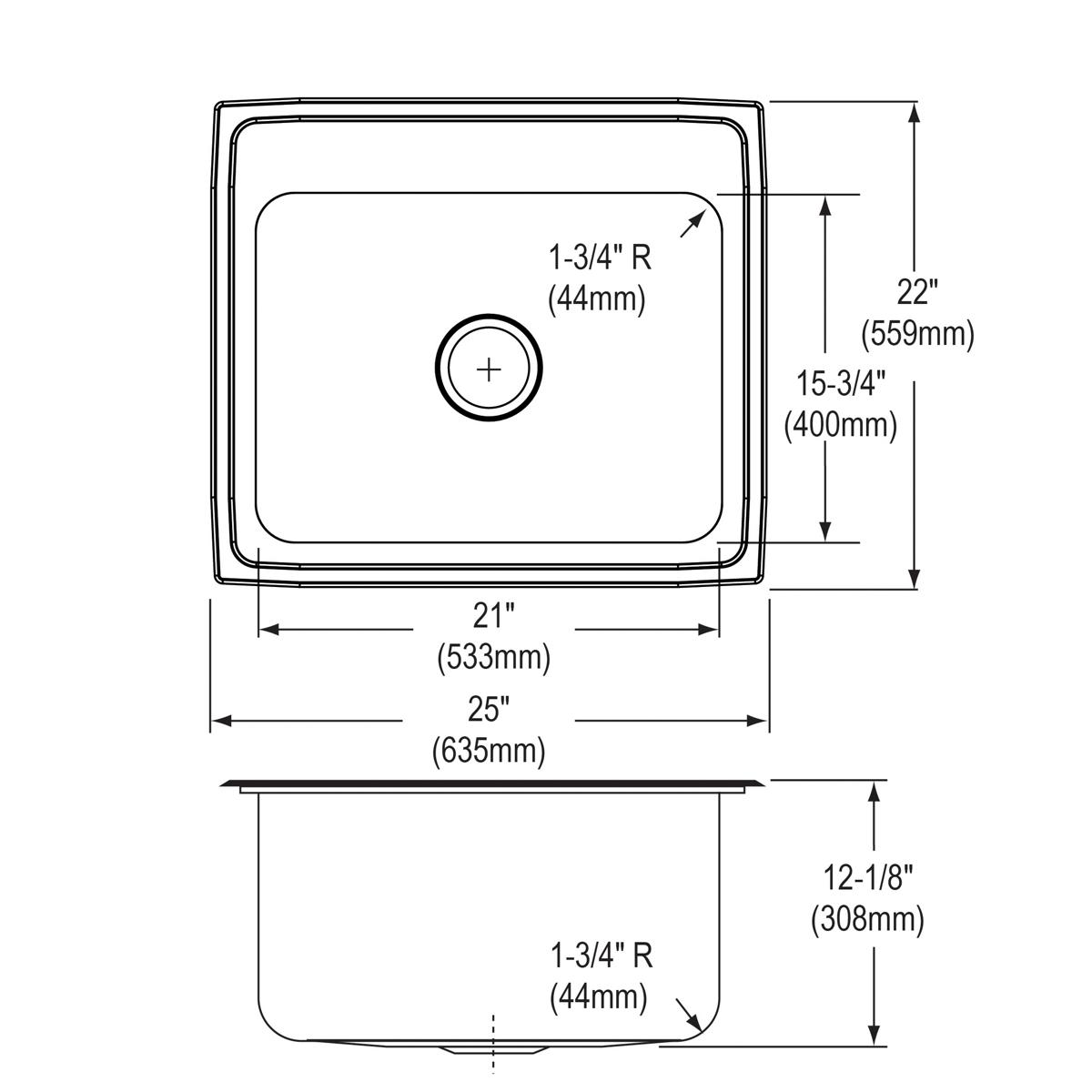 Stainless steel drop-in sink with single bowl, one faucet hole, and rounded corners shown in top and side views with dimensio