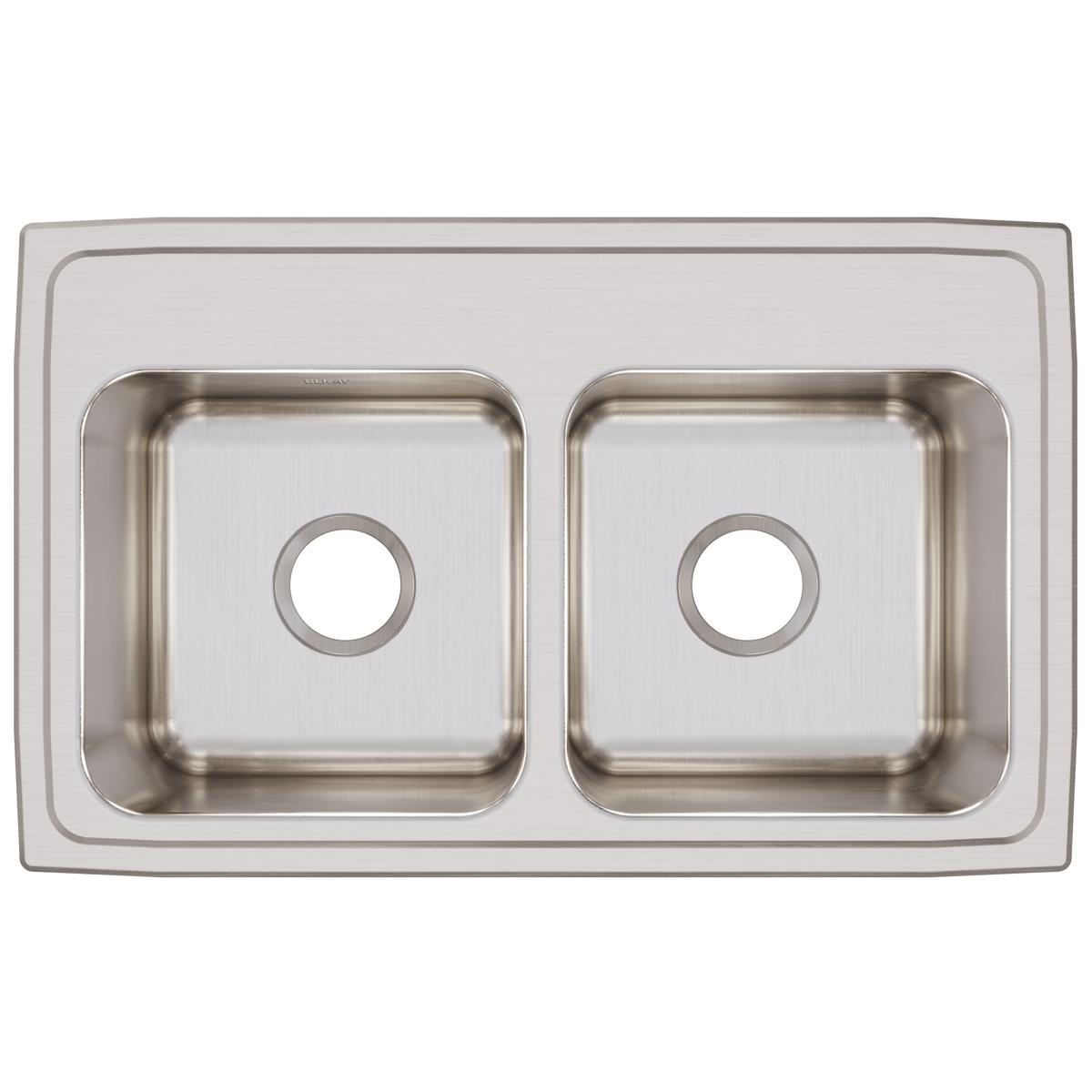 Stainless steel drop-in sink with two equal rectangular bowls and drain holes, brushed finish.