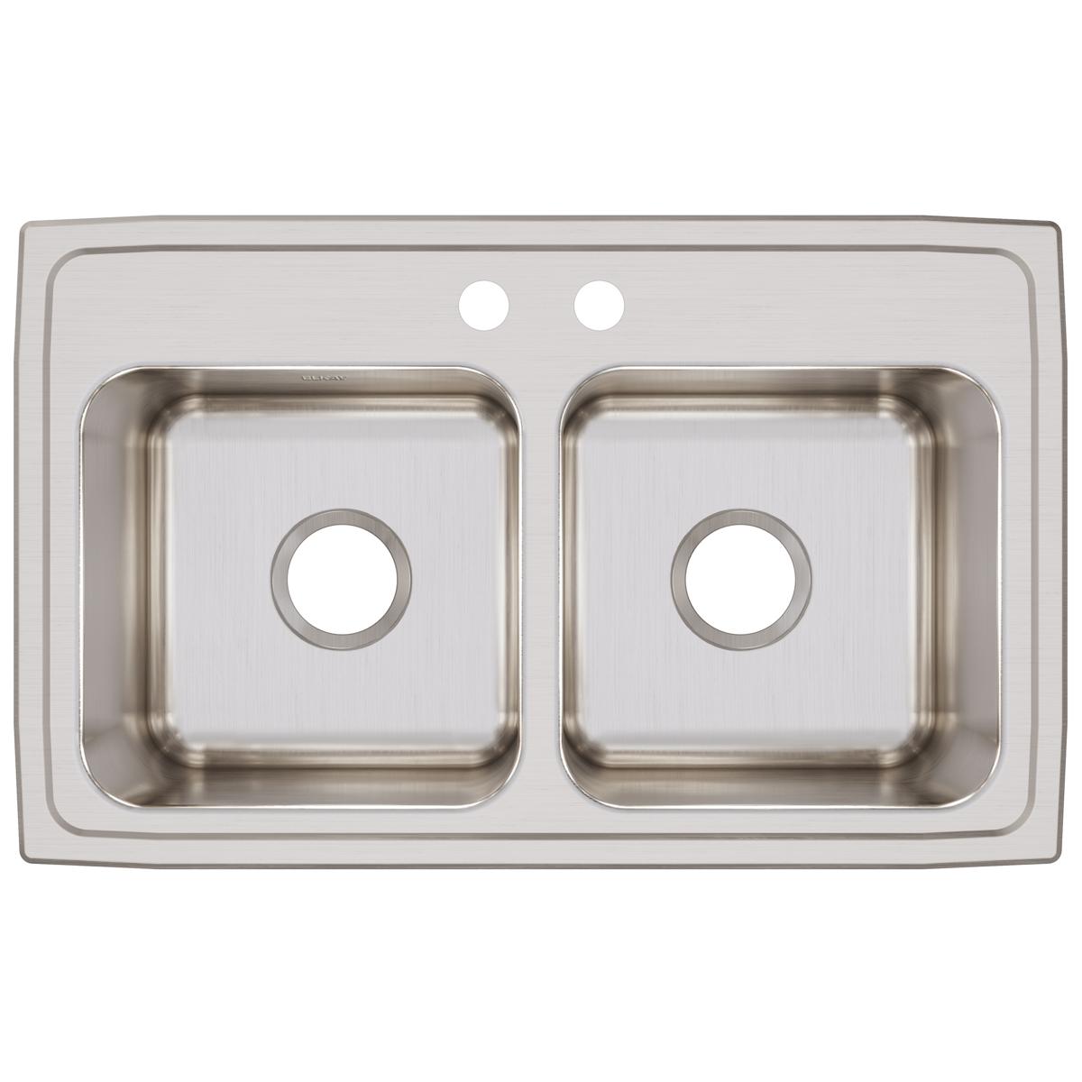 Stainless steel drop-in sink with two equal bowls and two faucet holes on the rim.