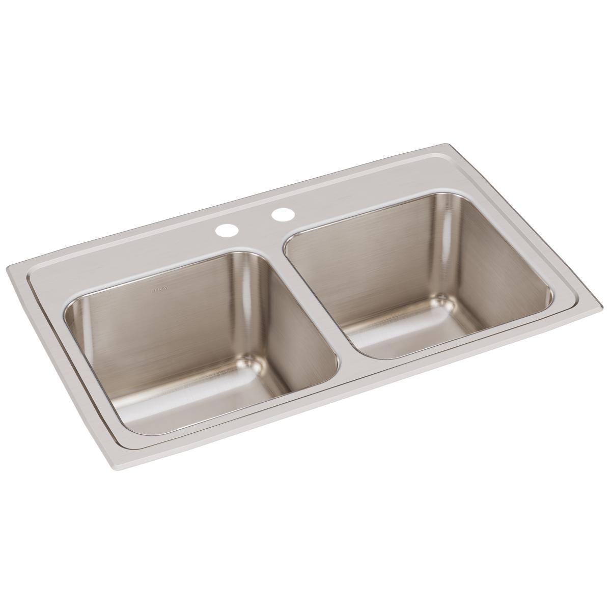 Stainless steel double bowl drop-in sink with two faucet holes and equal-sized rectangular basins.