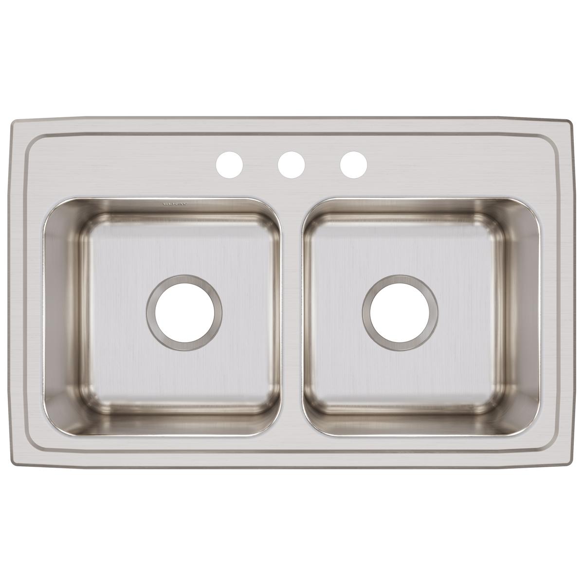 Stainless steel drop-in sink with two equal rectangular bowls and three holes drilled across the rim.