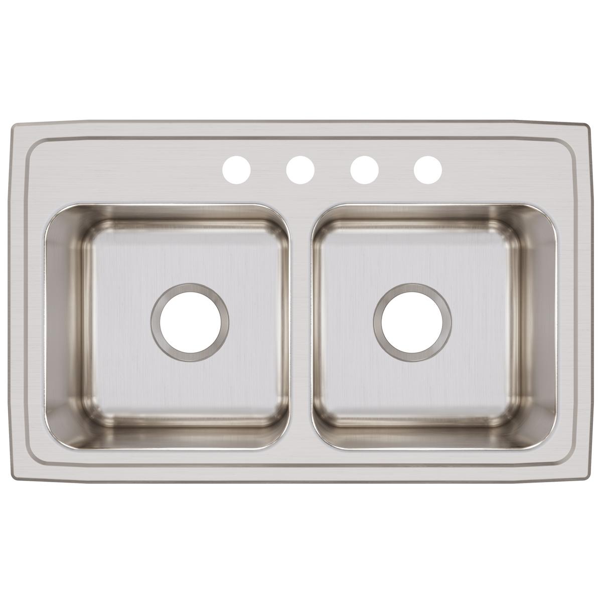 Stainless steel double bowl drop-in sink with four holes across top rim and drain openings in each basin.
