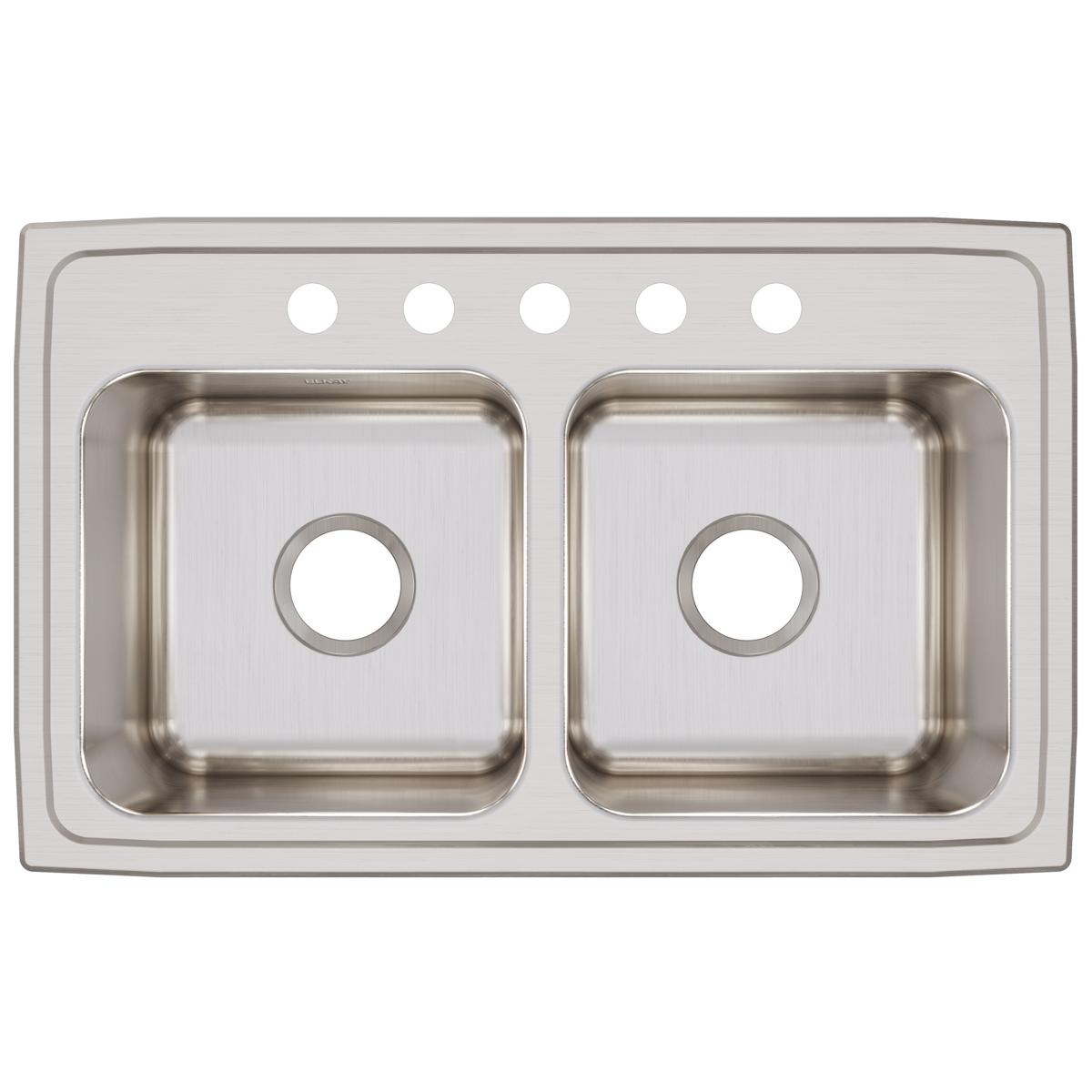 Stainless steel drop-in sink with two equal bowls and five holes across the rim for faucet mounting.