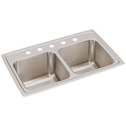 Stainless steel double bowl drop-in sink with five faucet holes across the rim.