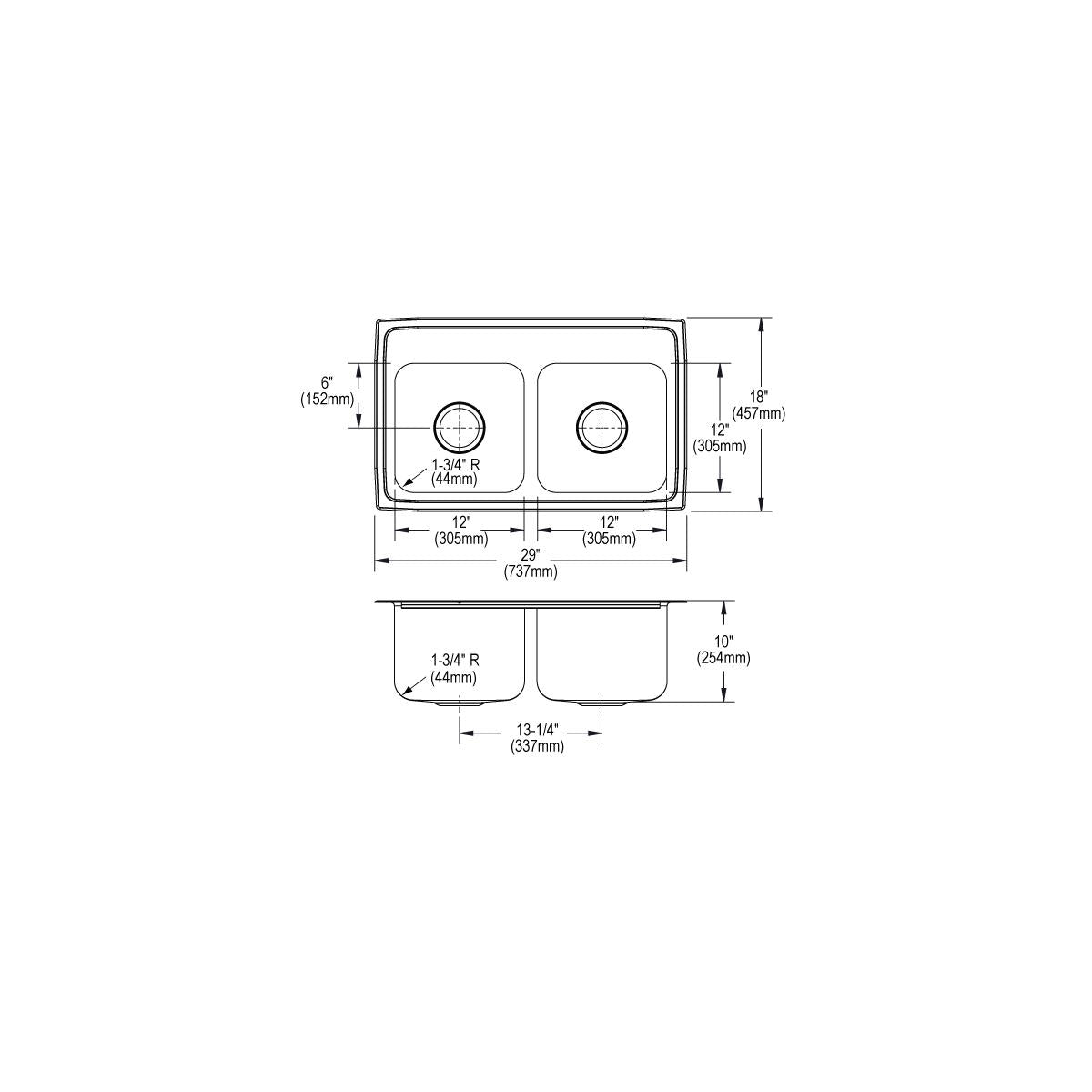 Elkay Lustertone Classic Stainless Steel 29" x 18" x 10" 1-Hole Equal Double Bowl Drop-in Sink