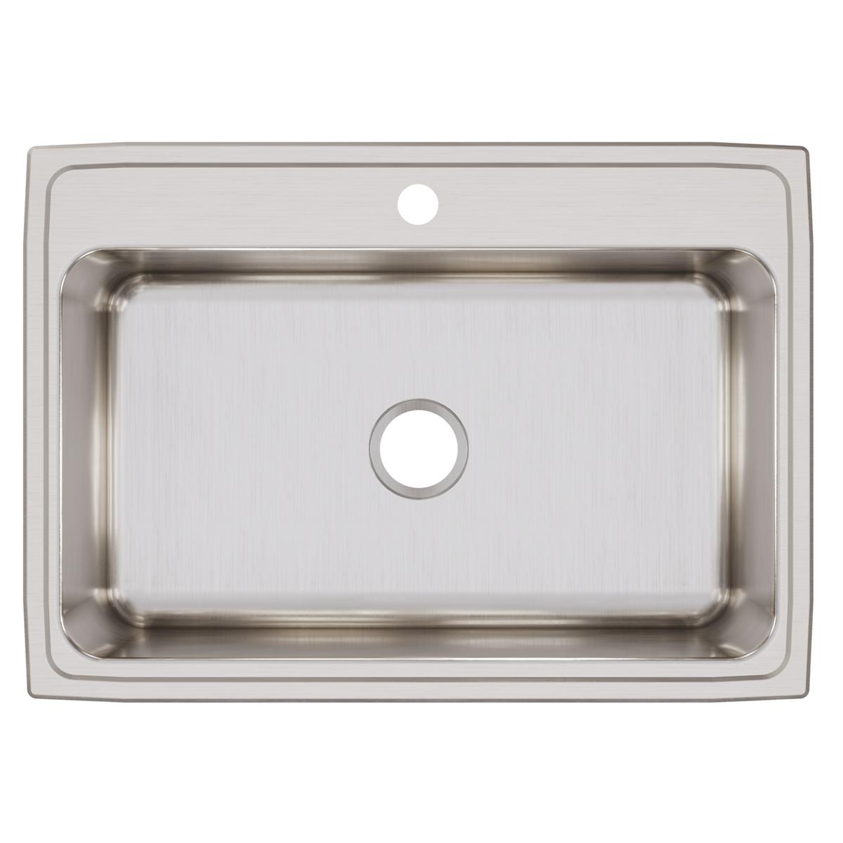 Stainless steel drop-in sink with single rectangular bowl and one faucet hole, shown from above.