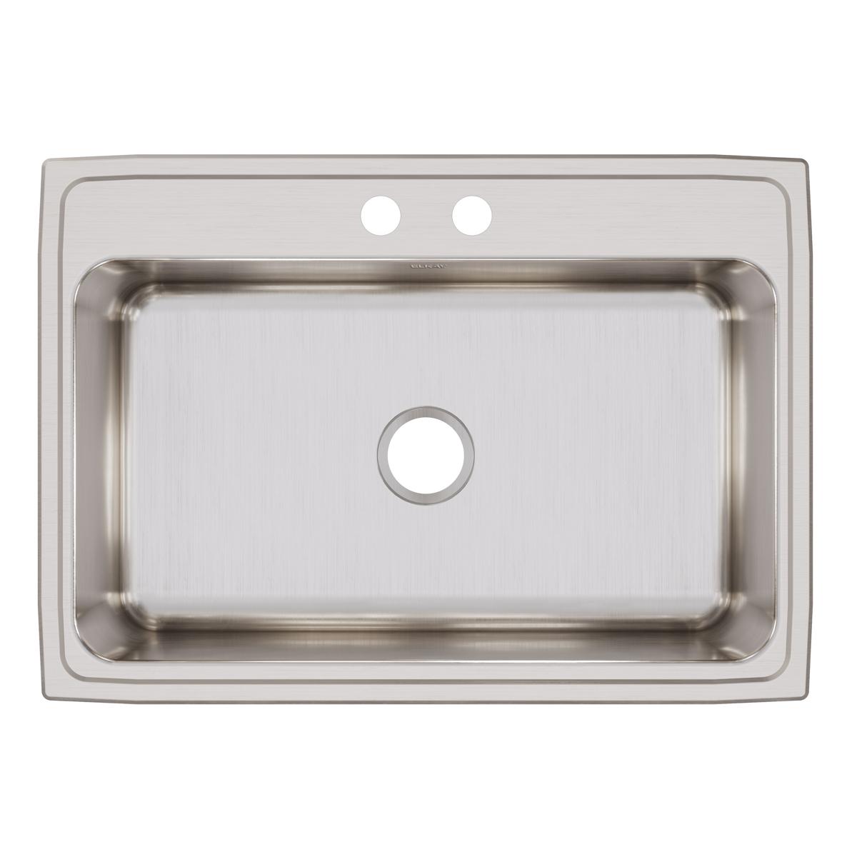 Stainless steel drop-in sink with single bowl and two faucet holes on rim, brushed finish.