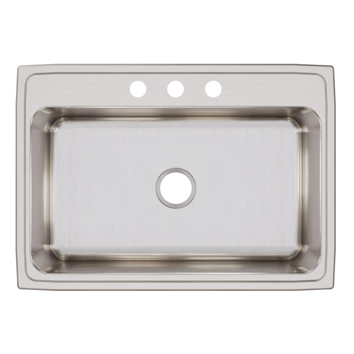 Stainless steel drop-in sink with single bowl, three mounting holes across top, and brushed finish surface.