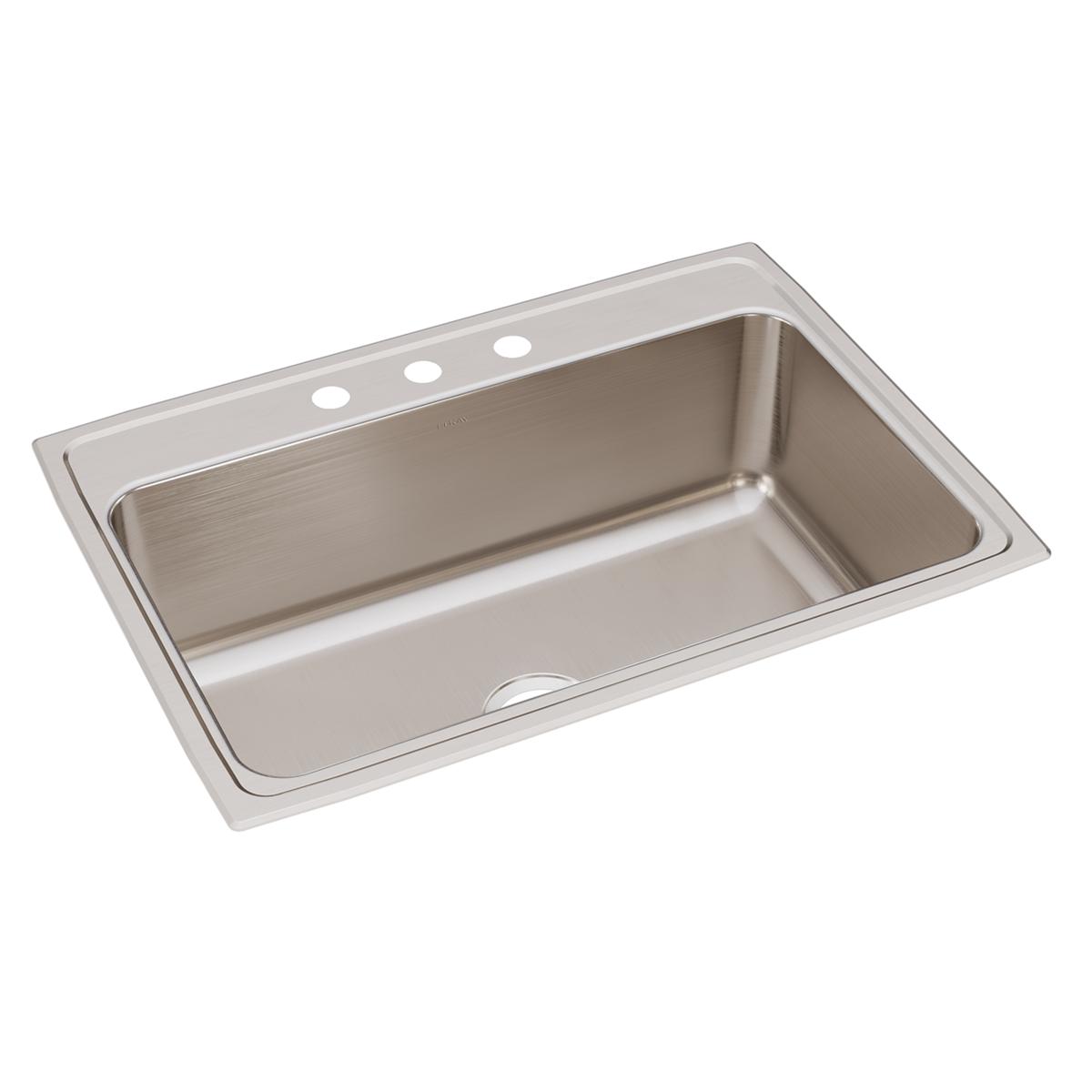 Stainless steel drop-in sink with single bowl and three holes drilled in the rim for faucet mounting.