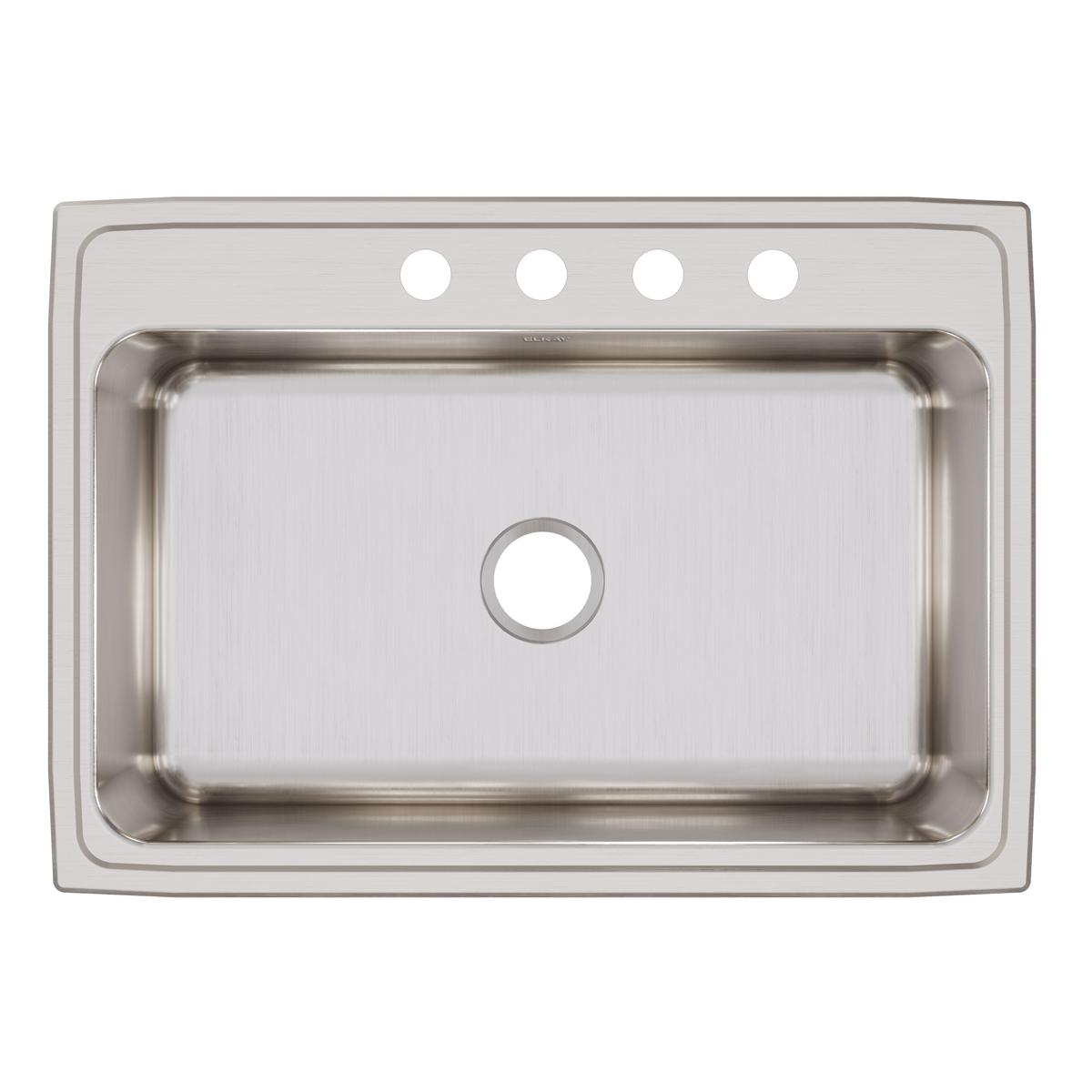 Stainless steel drop-in sink with single bowl and four pre-drilled holes across the rim for faucet installation.